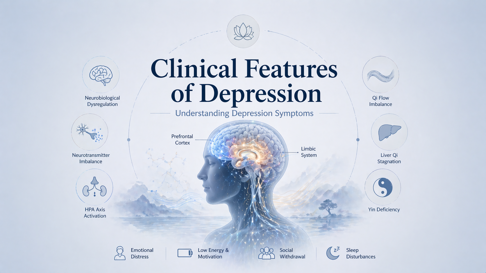 Depression symptoms visualized with brain activity and centered medical thumbnail layout