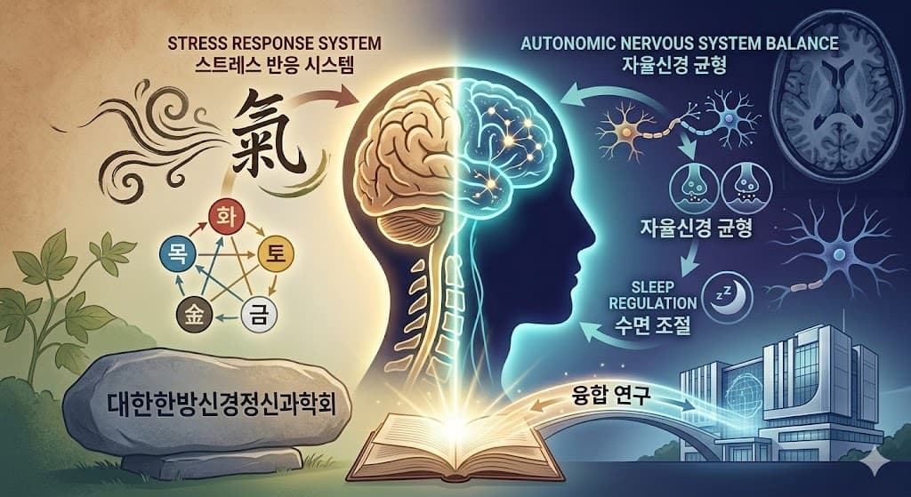 뇌-신체 상호작용을 중심으로 한방신경정신의학의 현대적 융합 연구 방향을 상징하는 이미지.