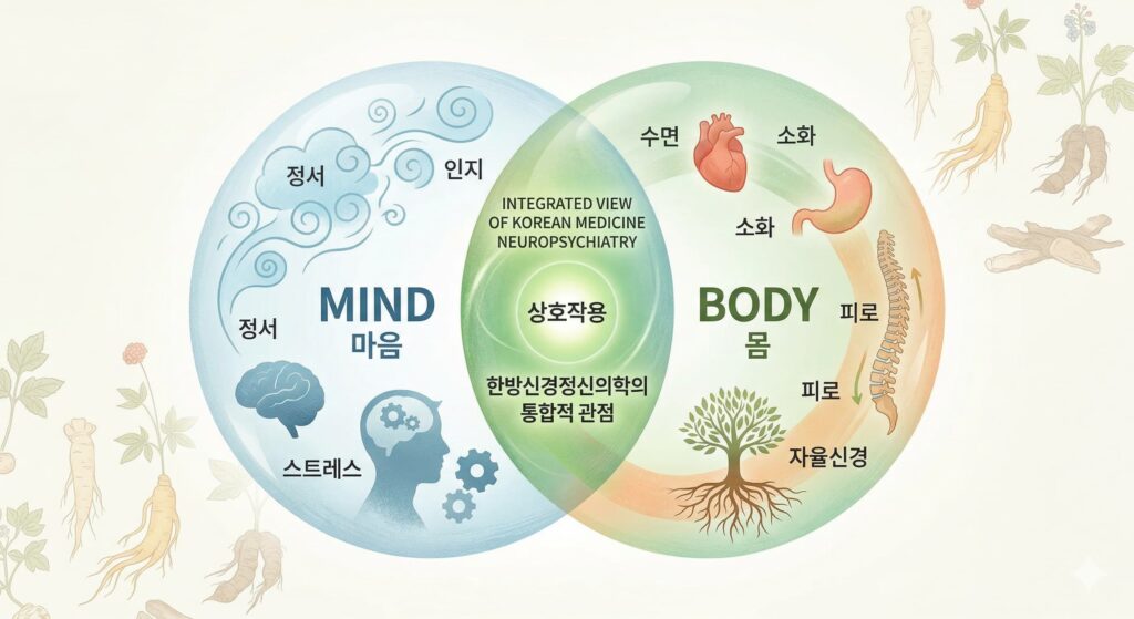 한방신경정신의학의 핵심 개념인 몸과 마음의 상호작용을 나타내는 인포그래픽. 정서, 인지, 수면, 소화 기능의 연결성을 보여줌.