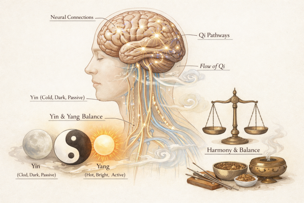 Integration of brain neural networks and qi flow illustrating korean medicine neuropsychiatry concept and mind-body connection