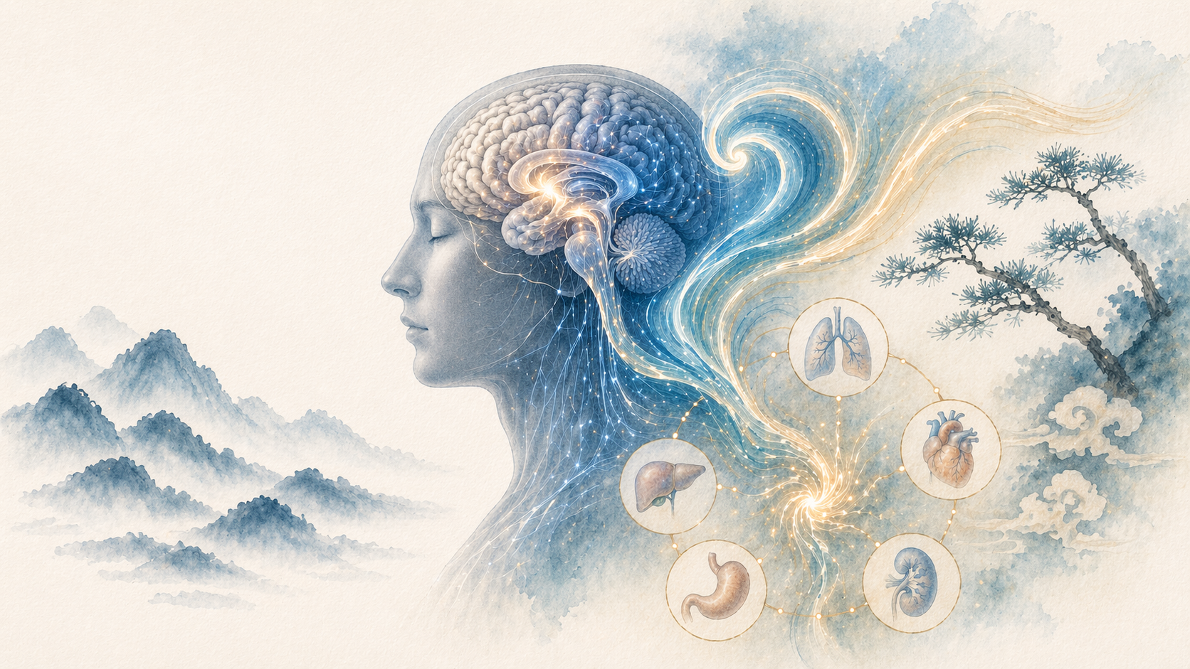 Conceptual illustration of korean medicine psychiatric disorders showing integration of brain function and qi-blood balance