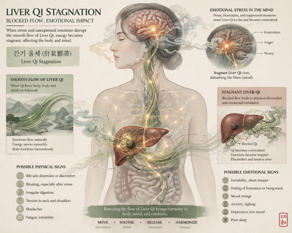 Illustration of liver qi stagnation showing blocked energy flow and emotional stress in korean medicine neuropsychiatry
