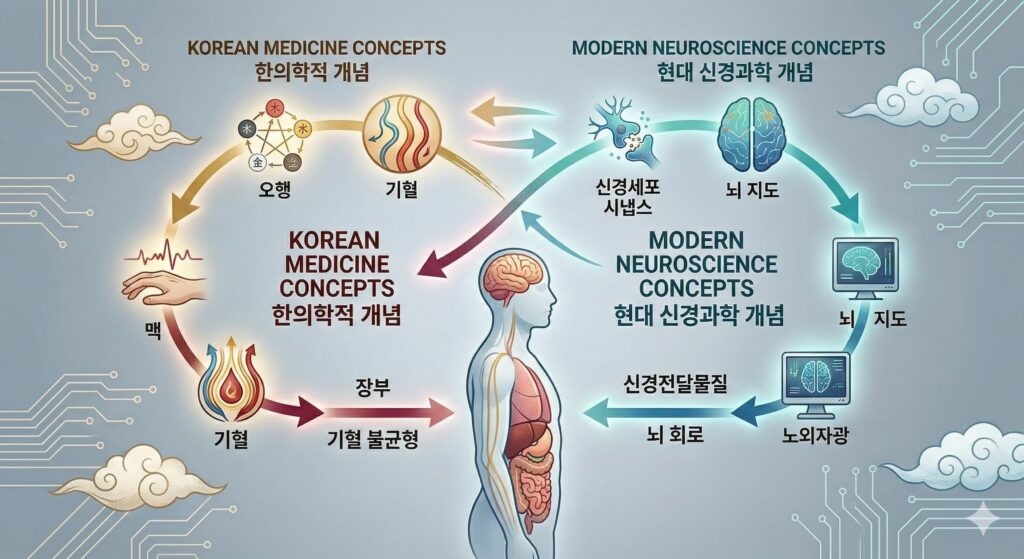한의학의 장부 기혈 이론과 현대 신경과학의 뇌 회로 및 신경전달물질 개념이 융합된 연구 체계도.