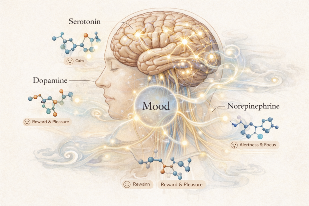 Visualization of serotonin dopamine and norepinephrine regulating mood in korean medicine neuropsychiatry framework