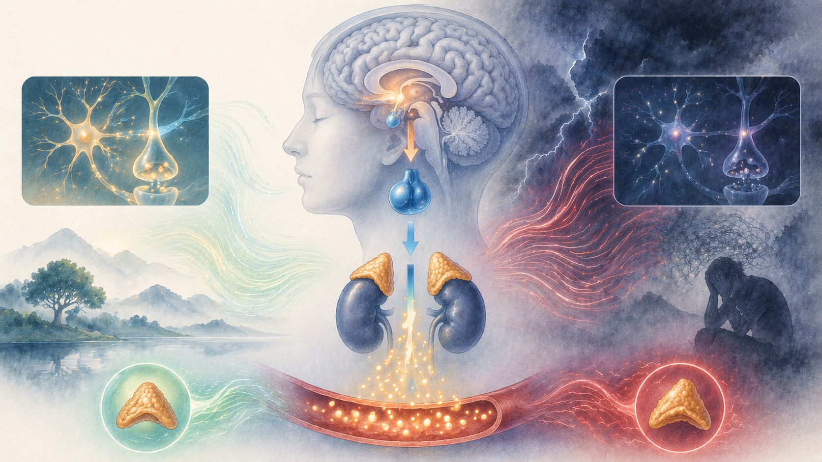 Illustration of HPA axis activation and cortisol release linked to stress response in korean medicine psychiatric disorders