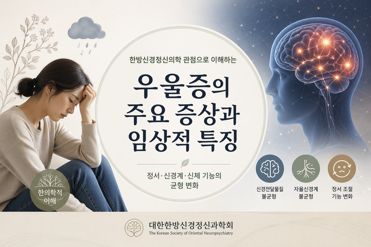 우울증의 주요 증상과 임상적 특징을 신경과학과 한의학 관점에서 설명하는 이미지