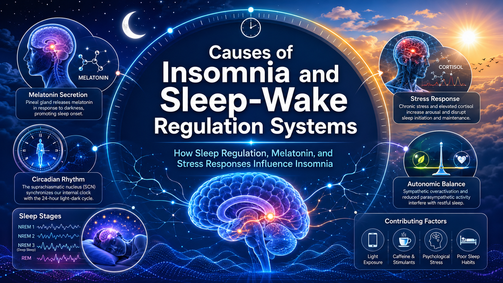 Illustration of insomnia sleep regulation systems showing the brain, circadian rhythm, melatonin activity, and sleep-wake cycle mechanisms associated with insomnia.