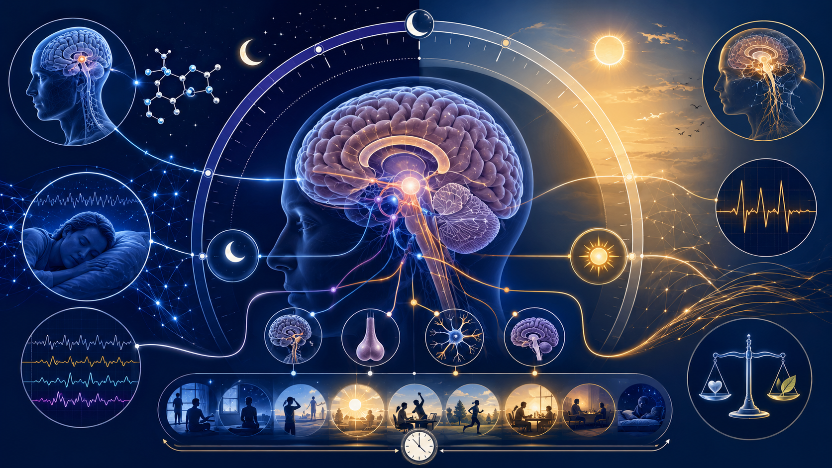 Insomnia sleep regulation overview showing the brain and sleep-wake cycle mechanisms.