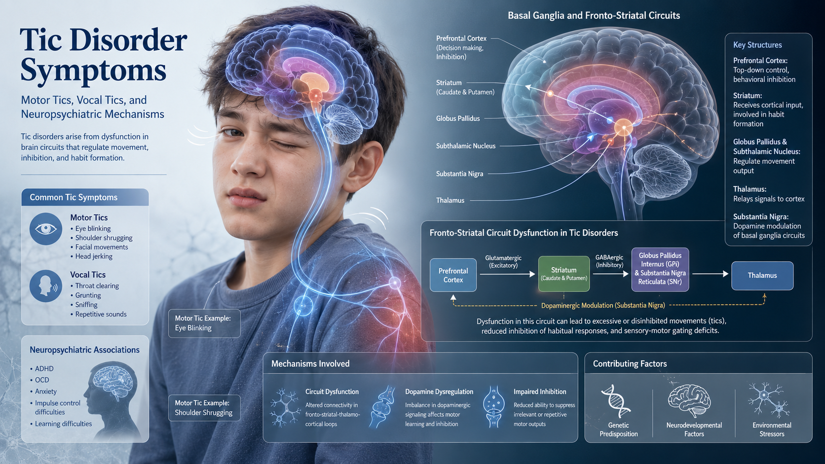Medical illustration of motor tic symptoms and basal ganglia neural circuits