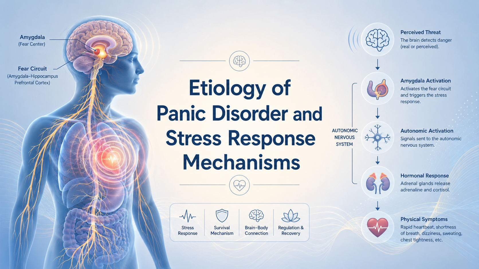 Illustration of panic disorder stress response showing brain fear circuits and autonomic nervous system in a calm medical infographic style