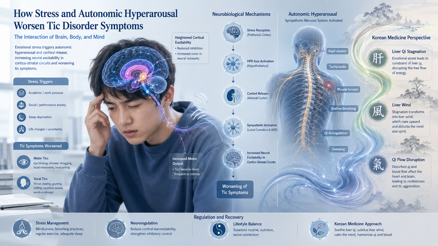 Illustration of stress response worsening tic disorder symptoms