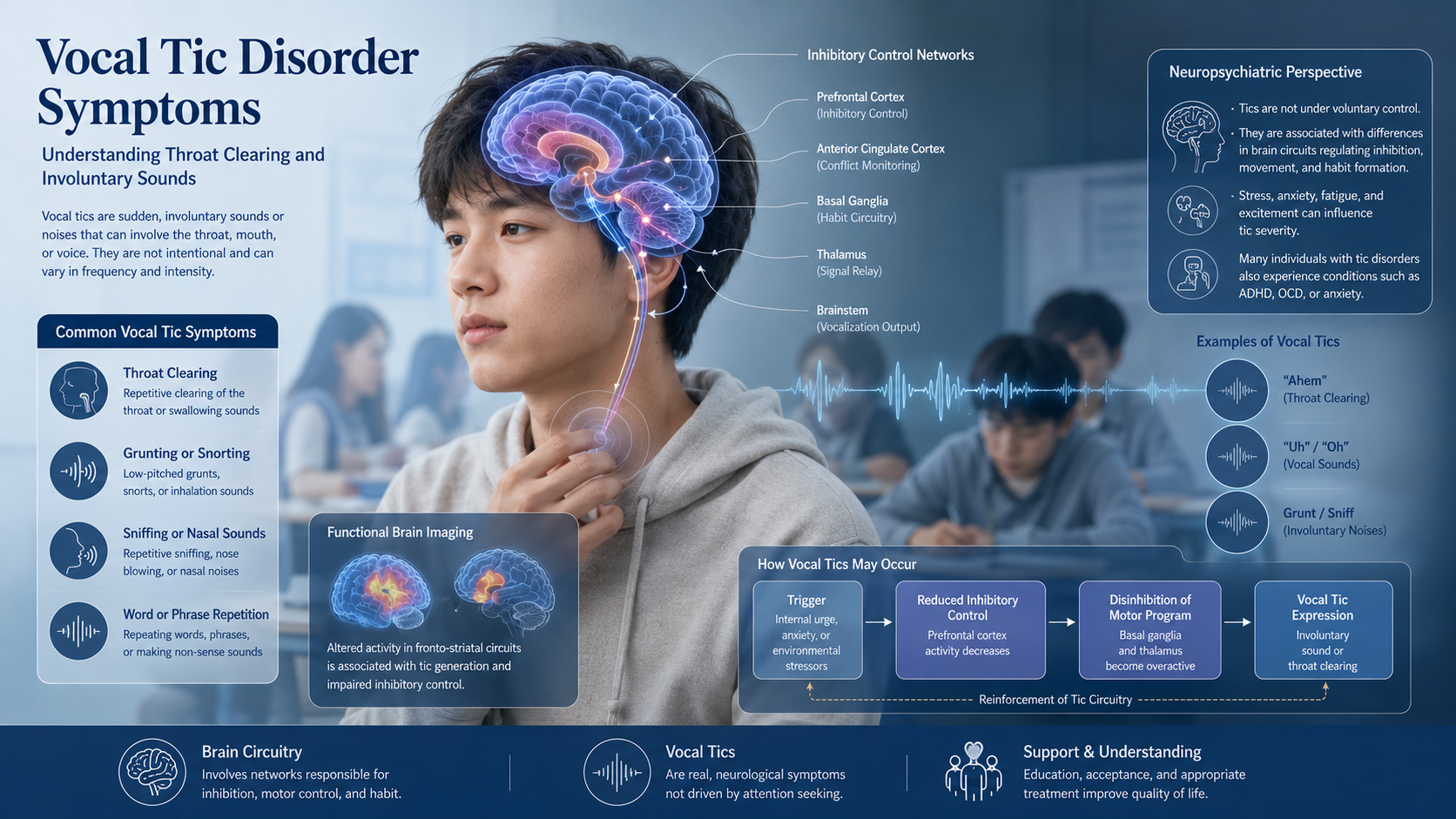 Illustration of vocal tic symptoms and neuropsychiatric regulation mechanisms
