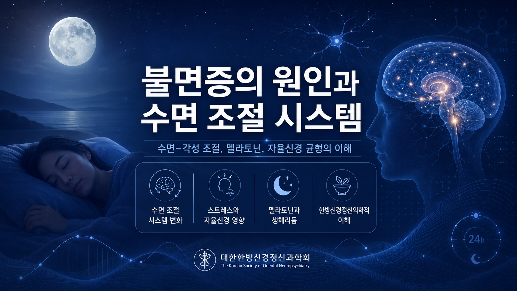 불면증의 원인과 수면 조절 시스템을 설명하는 인포그래픽 이미지