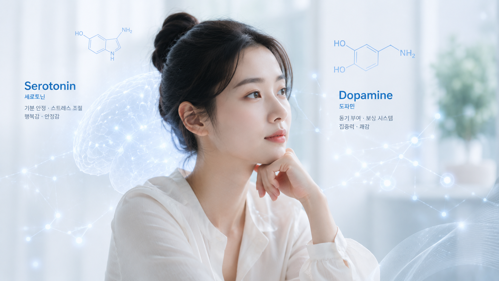 우울증 원인 스트레스와 세로토닌 감정 조절을 표현한 한국인 이미지