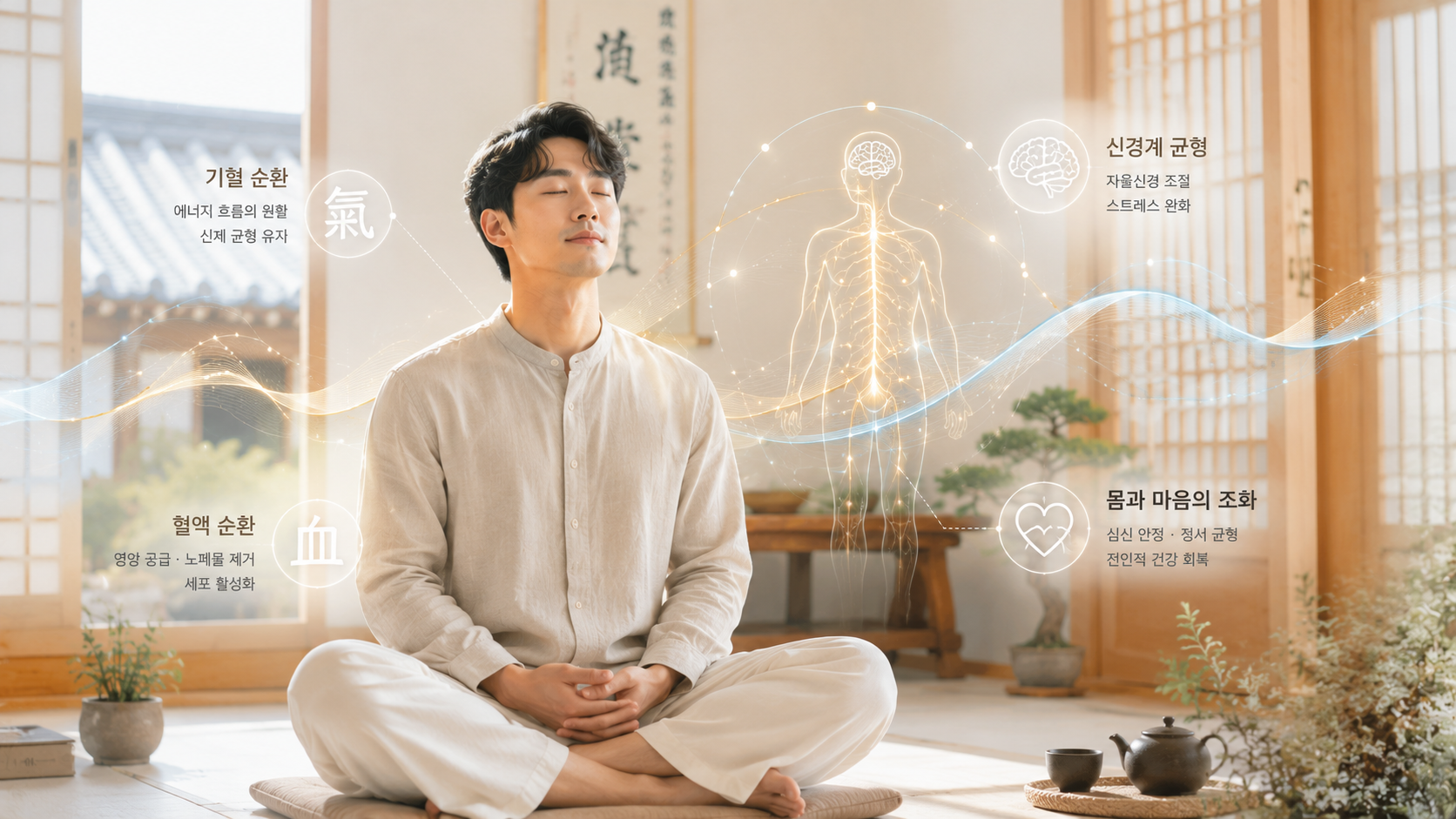 우울증 원인 스트레스와 한의학적 균형 개념을 표현한 이미지