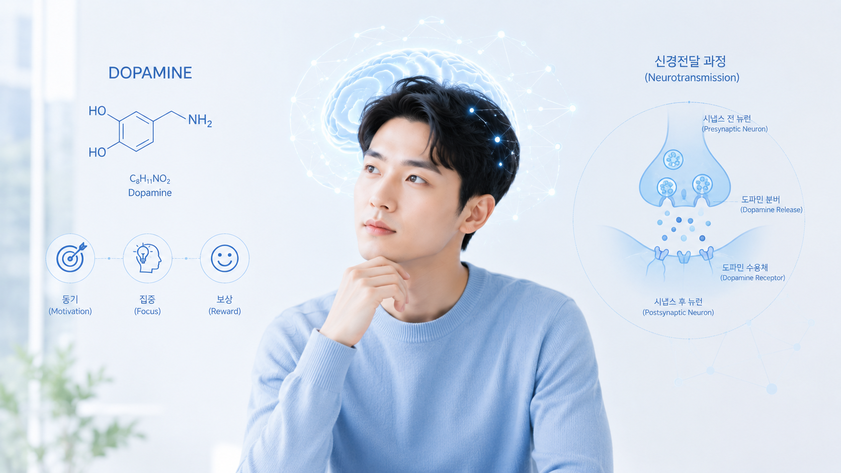 ADHD 원인과 도파민 신경전달물질 변화를 설명하는 이미지