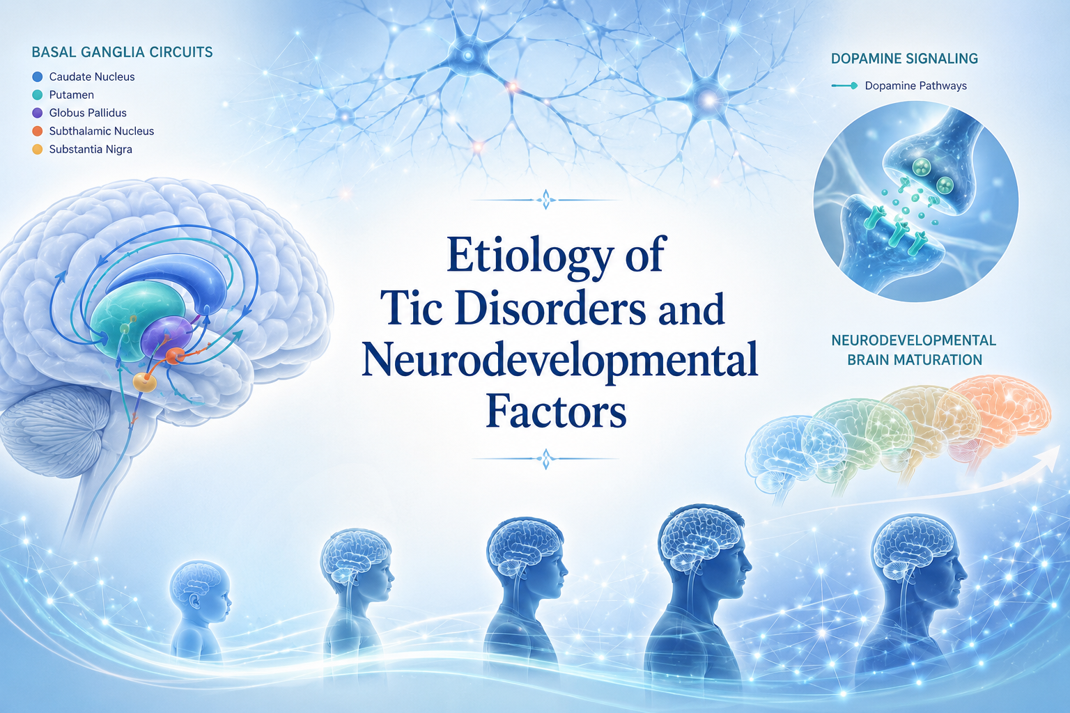 Etiology of tic disorders and neurodevelopmental factors illustrated through brain networks, basal ganglia circuits, dopamine pathways, and neurodevelopmental processes.