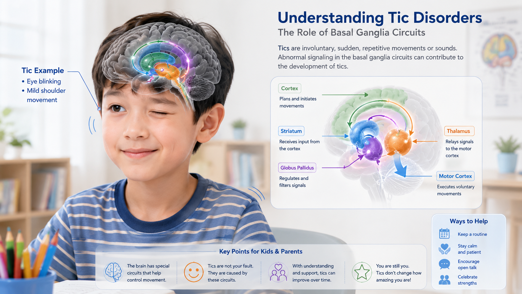 tic disorder basal ganglia child with Tourette syndrome and highlighted brain circuits