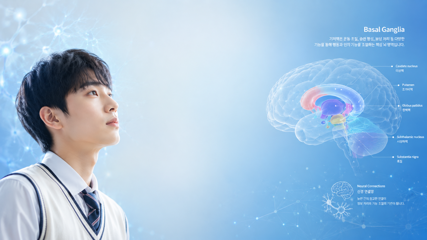 틱장애 원인과 기저핵 운동 조절 회로를 설명하는 신경과학 이미지