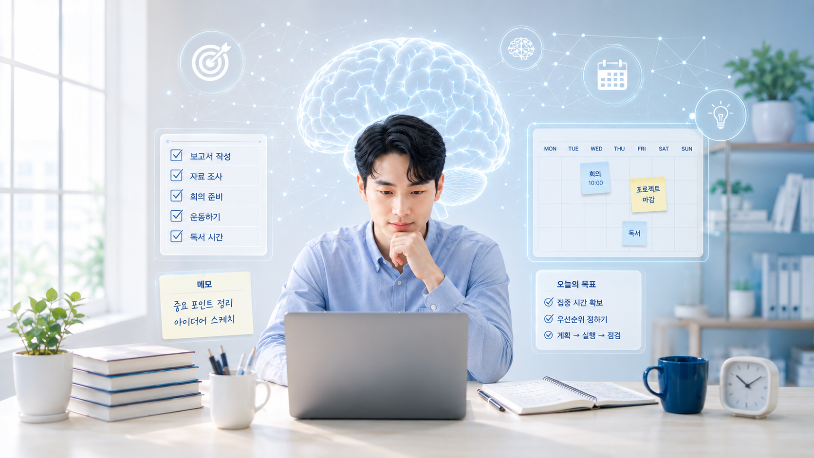 ADHD 뇌기능의 특징을 이해하며 노트북과 메모장을 살펴보는 한국인 성인