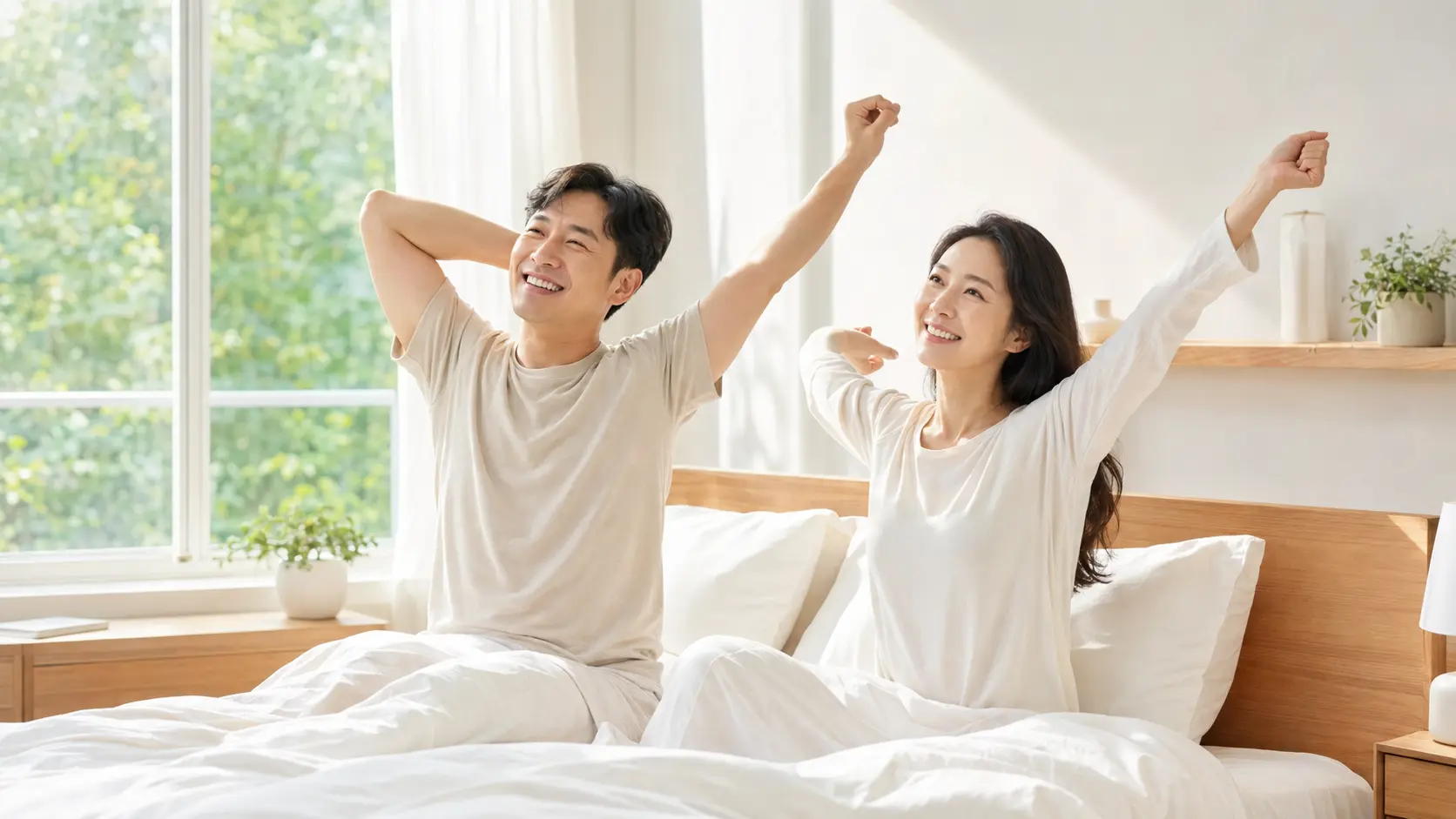 불면증 자율신경 회복 후 상쾌한 아침을 맞이하는 한국인 모델