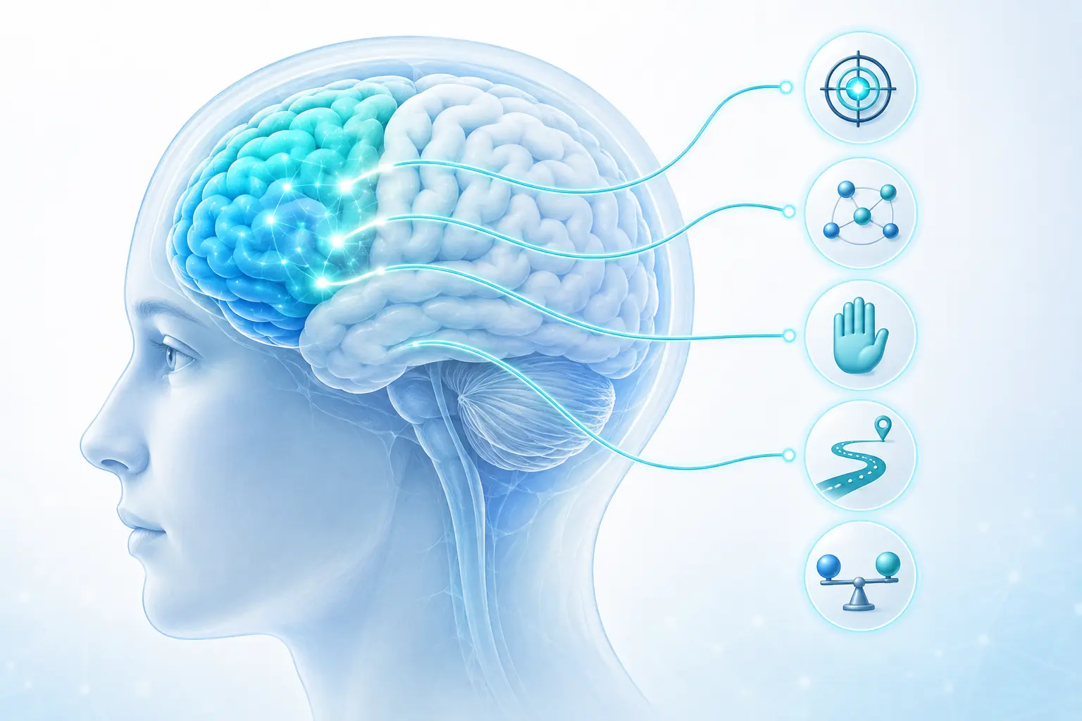 ADHD 실행기능과 전전두엽의 주의력 및 행동 조절 기능을 보여주는 뇌 일러스트