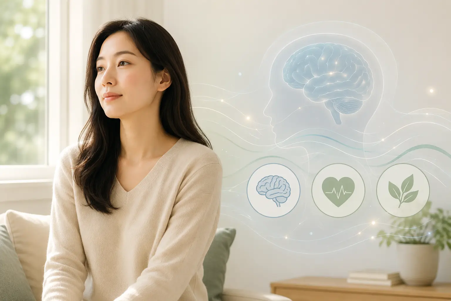 우울증에서 뇌 신경기전과 한의학적 심신 조절 관점을 함께 표현한 한국인 여성 이미지