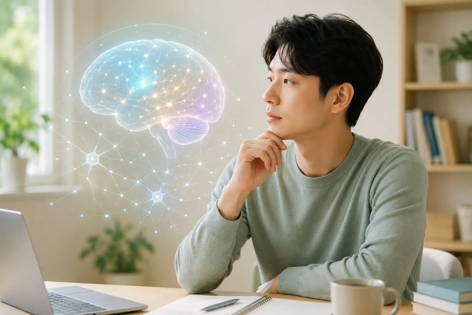우울증의 세로토닌 도파민 노르에피네프린과 뇌 신경회로를 설명하는 한국인 모델 이미지