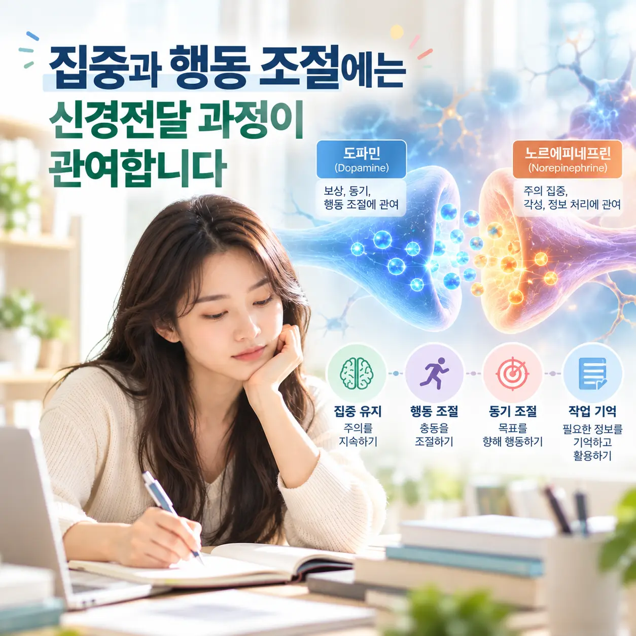 ADHD 도파민과 노르에피네프린 신경전달 조절을 표현한 이미지