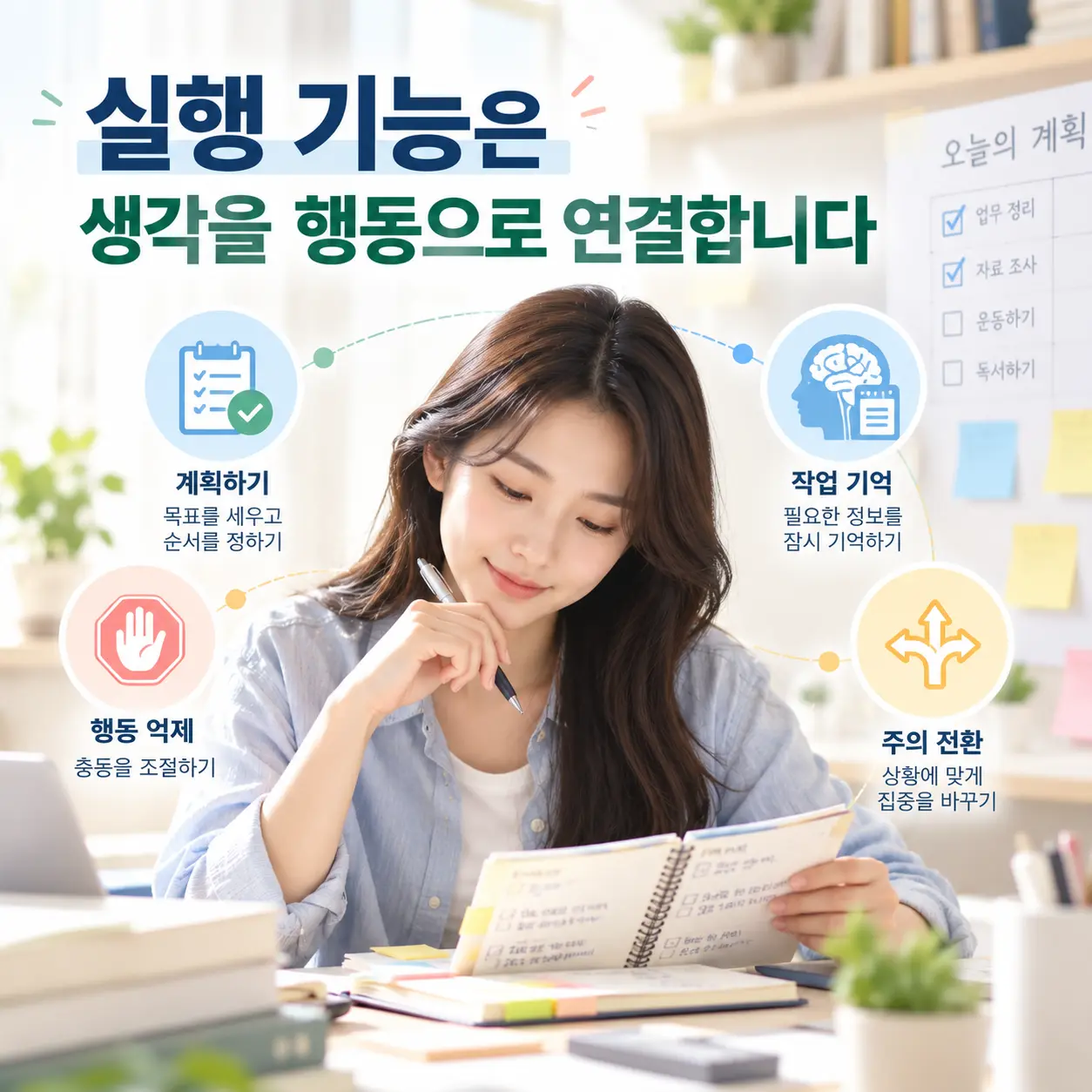 ADHD 실행 기능의 계획 행동 억제 주의 전환 작업 기억을 표현한 이미지