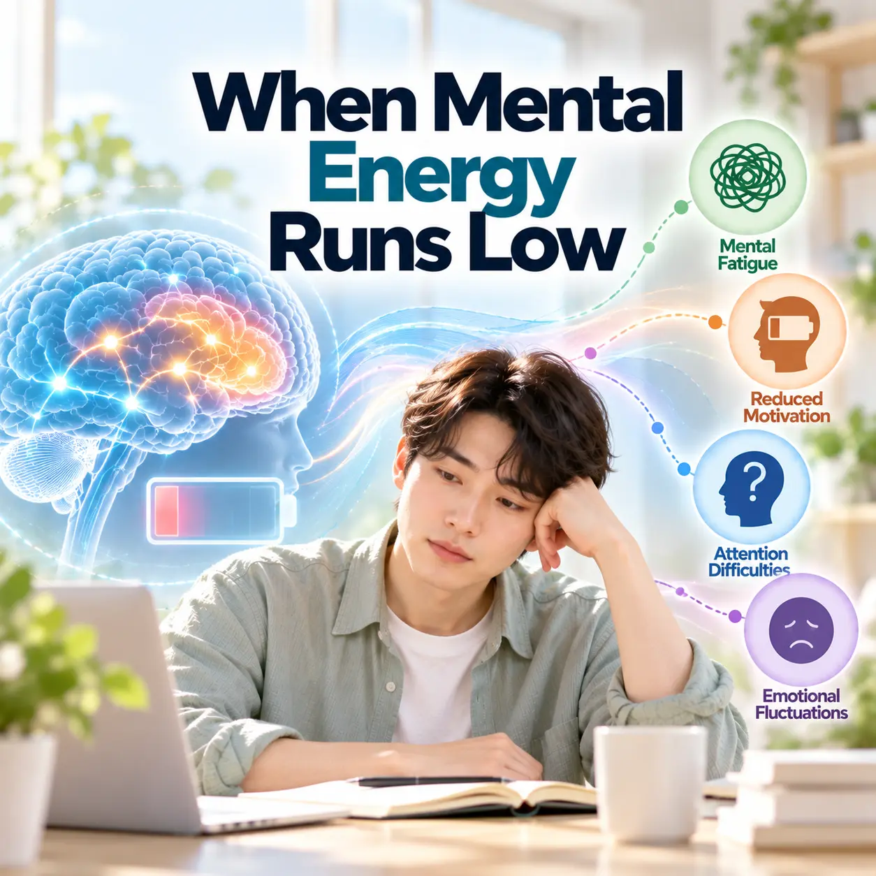 ADHD 한의학 병리의 기혈허와 정신적 피로 및 집중력 저하를 표현한 이미지