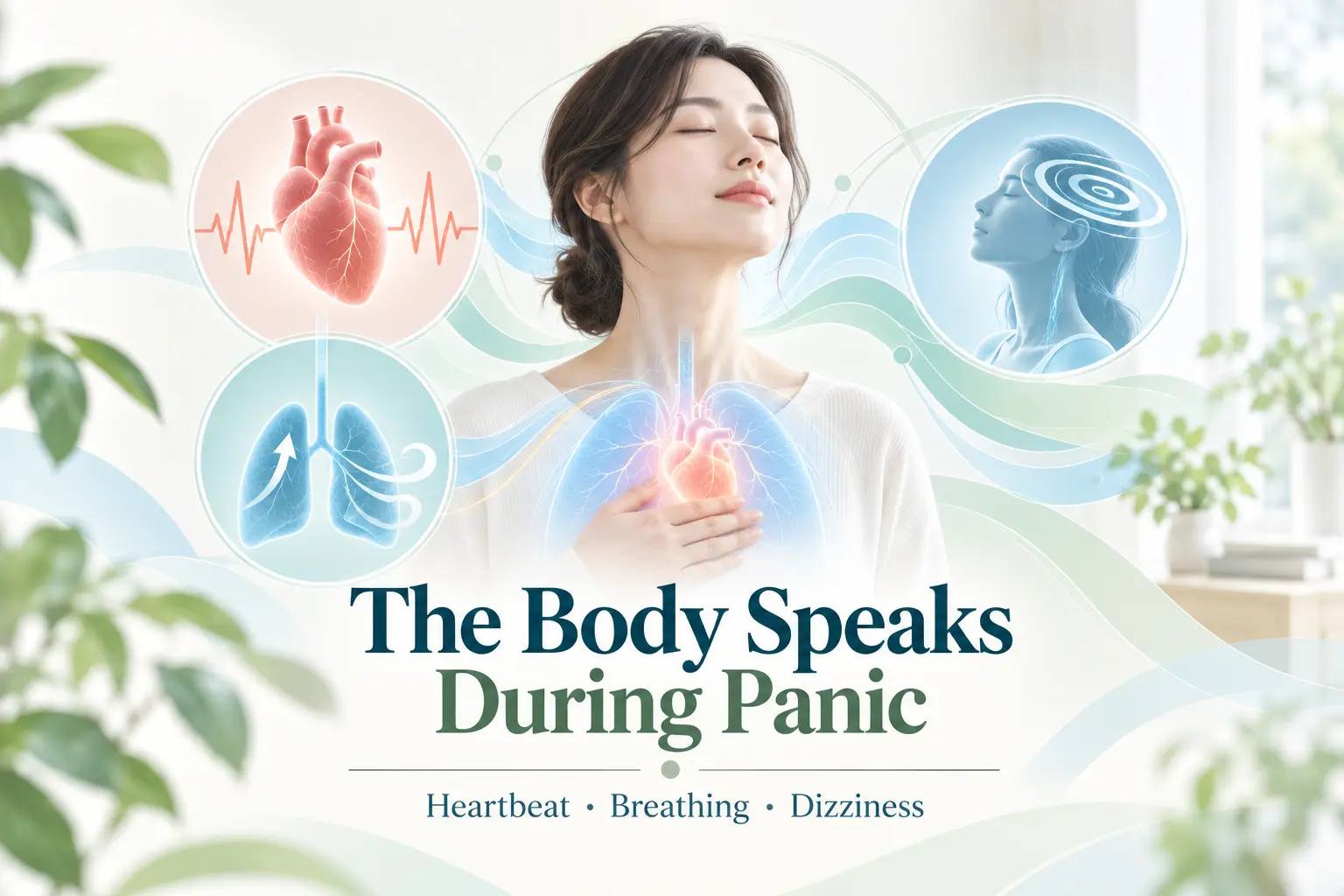 공황발작에서 나타나는 심계항진, 호흡 변화, 어지럼증과 자율신경 반응을 설명하는 인포그래픽