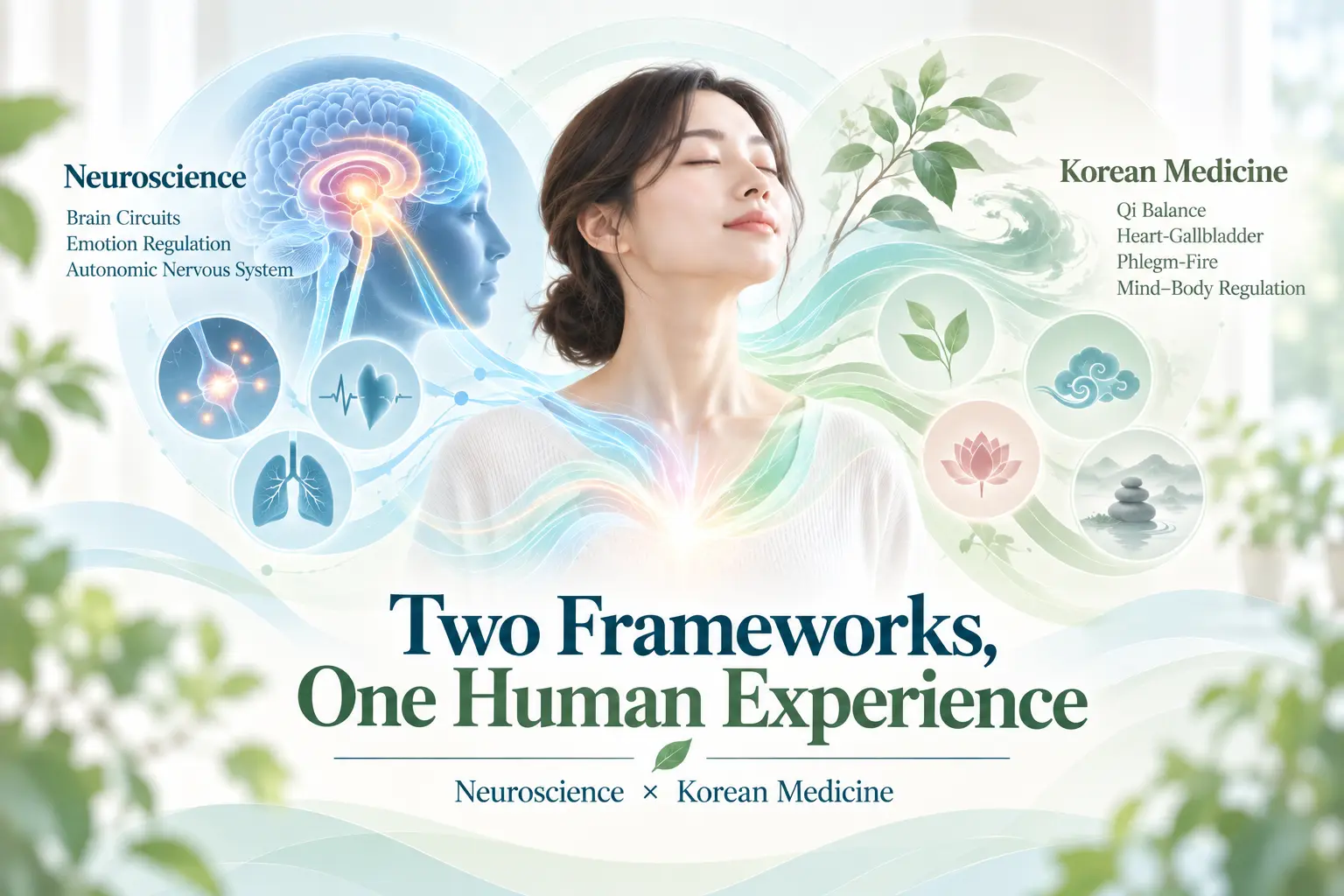 공황장애를 현대 신경과학의 공포회로와 한의학적 심신 병리 관점에서 함께 설명하는 통합 이미지