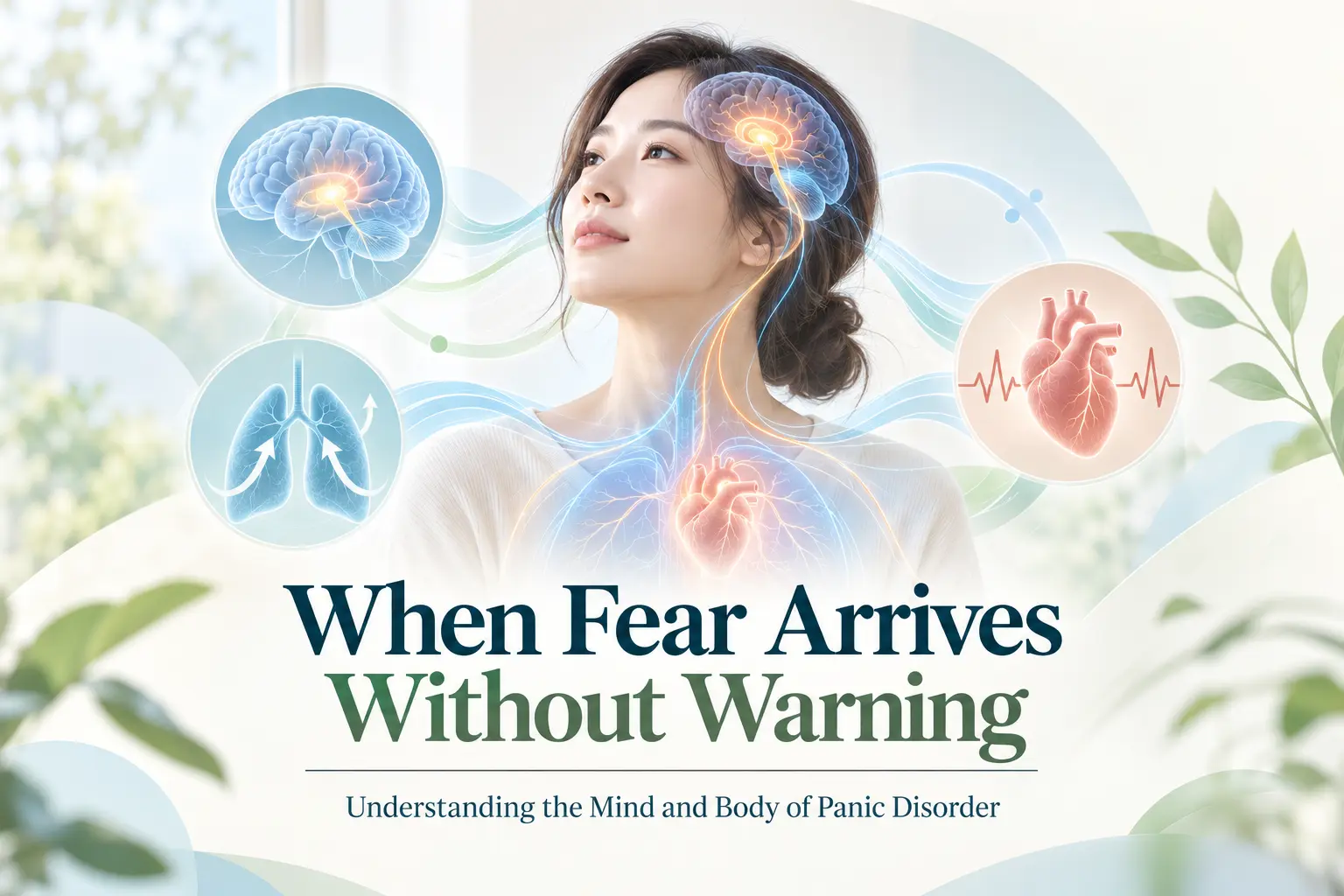 panic disorder korean medicine pathology – 공황장애에서 갑작스러운 공포와 뇌, 심장, 호흡 및 자율신경 반응을 설명하는 이미지