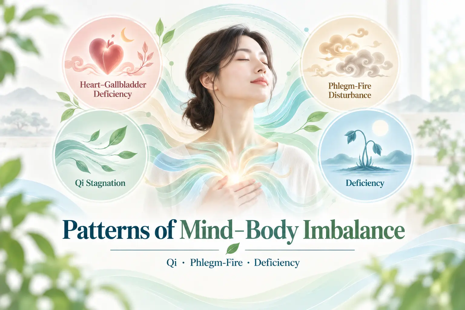 공황장애의 한의학 병리인 심담허겁, 담화, 기체와 허증의 심신 불균형을 개념적으로 설명하는 이미지