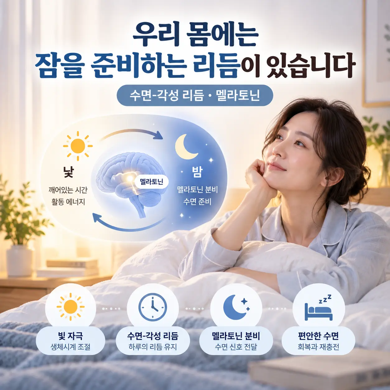 불면증과 관련된 수면 각성 리듬과 멜라토닌 조절을 표현한 인포그래픽