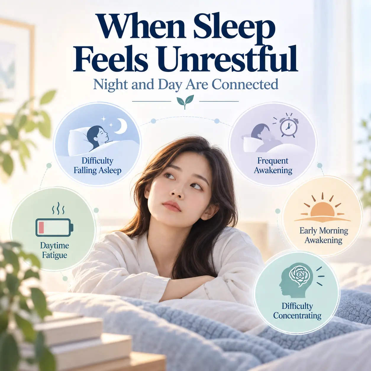 잠들기 어려움, 잦은 각성, 이른 기상, 피로와 집중력 저하 등 불면증 주요 증상 인포그래픽