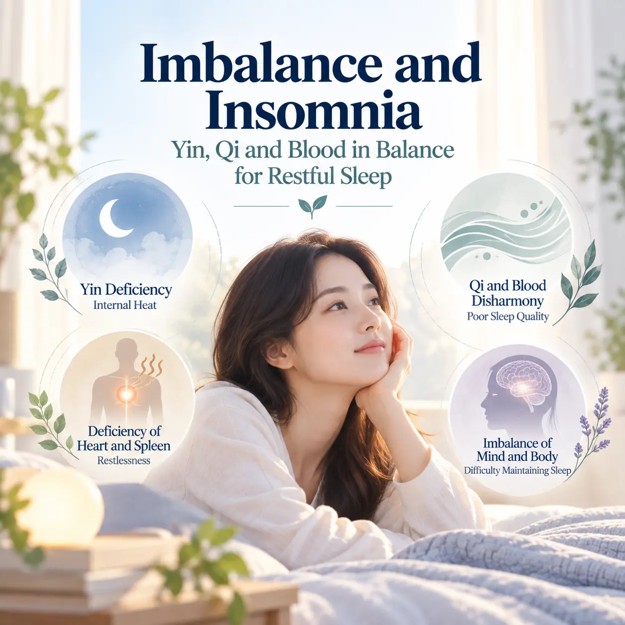 insomnia korean medicine pathology infographic showing yin deficiency, blood deficiency, liver qi stagnation, and phlegm accumulation
