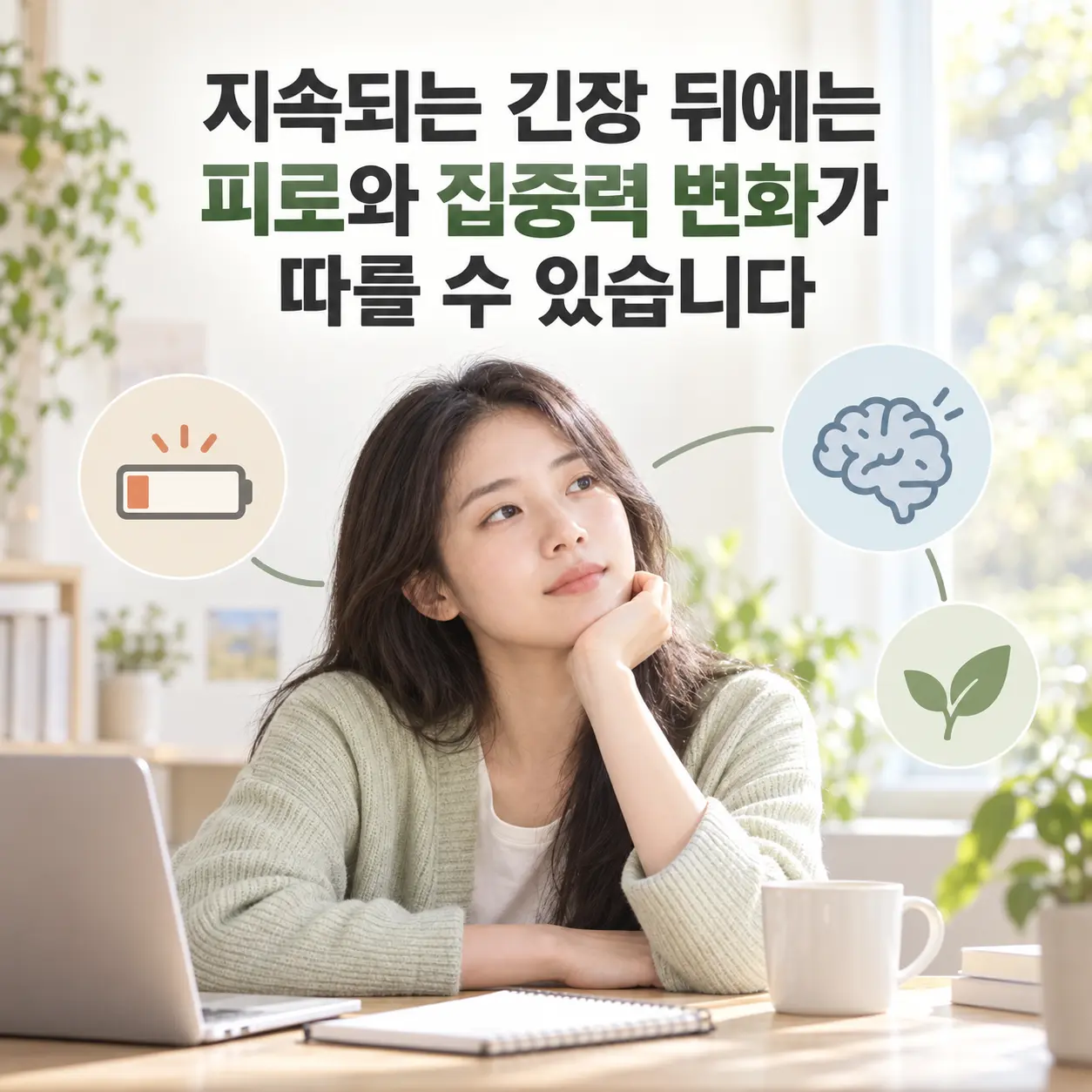 틱장애와 관련된 심비양허의 피로 및 집중력 변화를 표현한 이미지