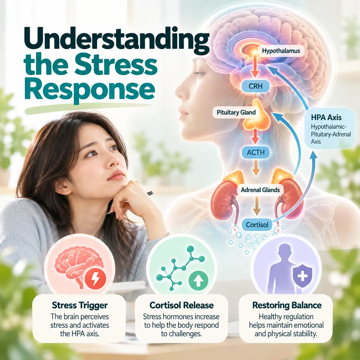 Infographic explaining the hypothalamic pituitary adrenal axis and stress hormone signaling in panic disorder