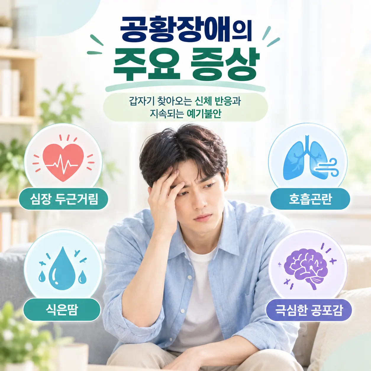 공황장애 주요 증상인 심장 두근거림 호흡곤란 식은땀 예기불안을 나타낸 인포그래픽