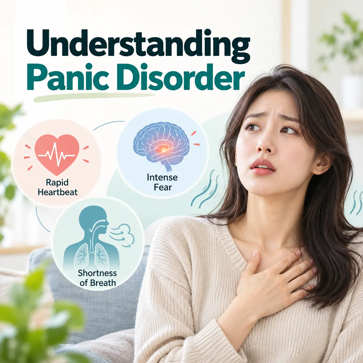 Illustration of panic disorder symptoms including palpitations, breathing discomfort and emotional fear responses