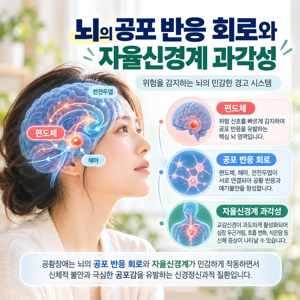 공황장애와 관련된 편도체 공포 반응 회로 자율신경계 과각성을 설명하는 뇌 인포그래픽