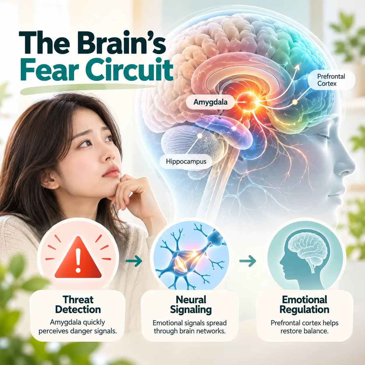 Educational brain illustration showing the amygdala and neural fear circuits associated with panic disorder