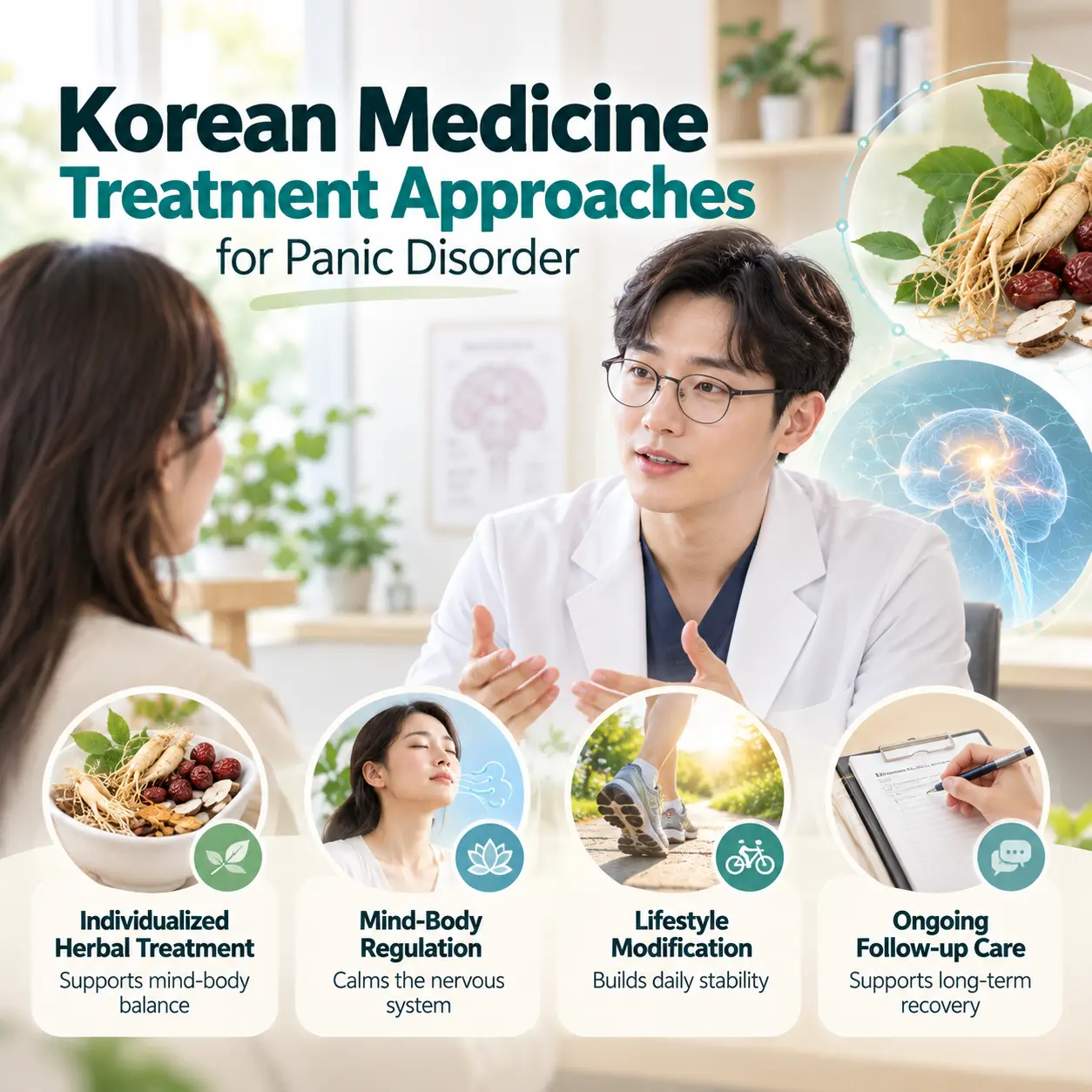 Conceptual illustration of Korean medicine pathophysiology involving qi, blood, yin yang balance and emotional regulation