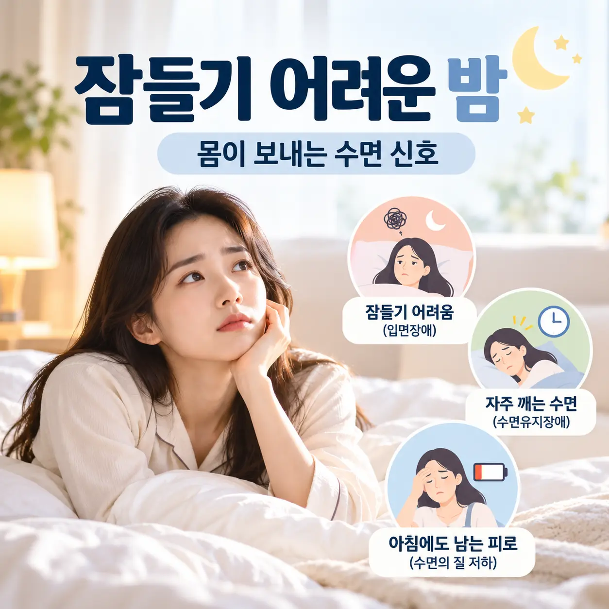 불면증의 입면장애와 수면유지장애를 표현한 한국인 여성과 수면 증상 아이콘