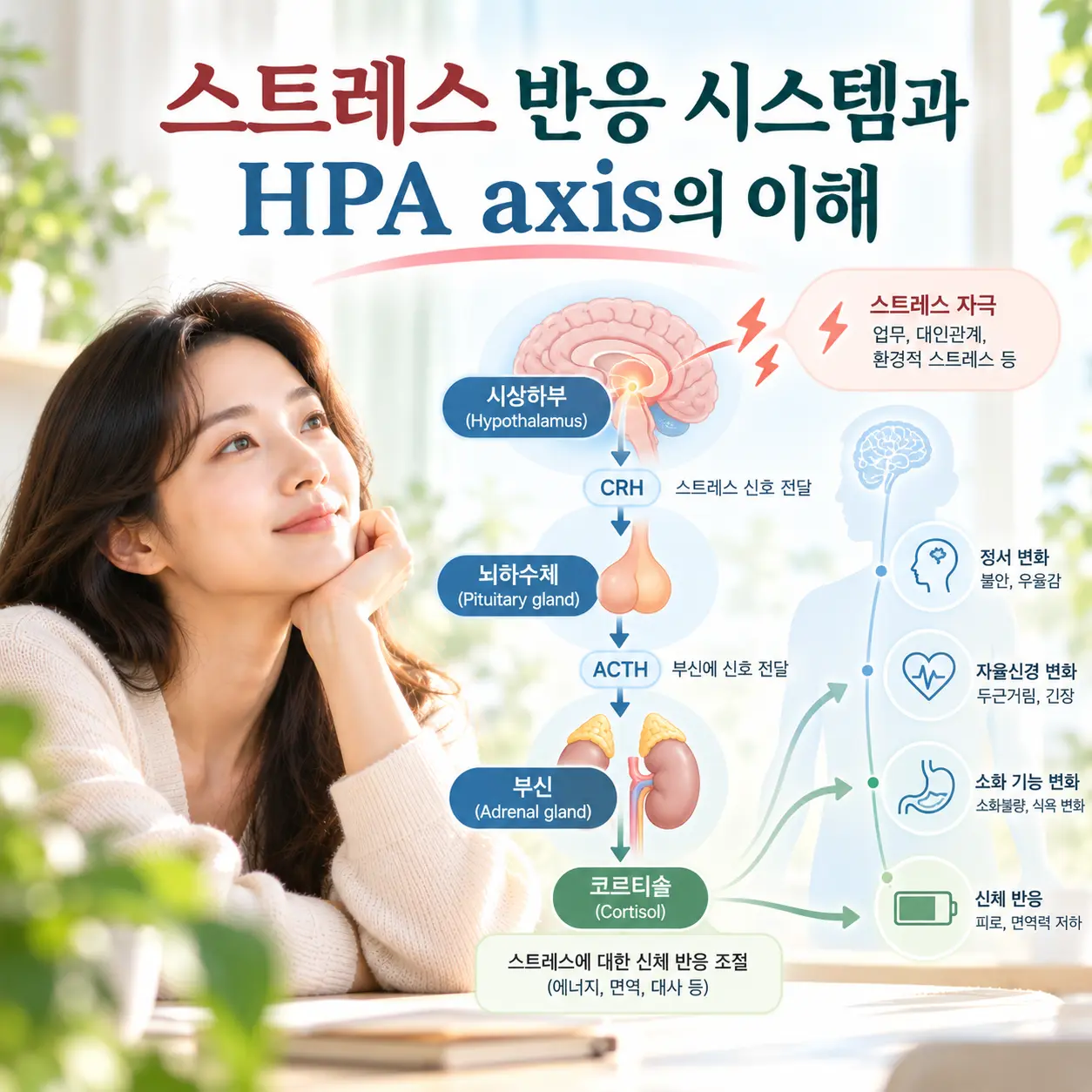 우울증의 HPA axis와 스트레스 반응 시스템을 설명하는 의료 인포그래픽