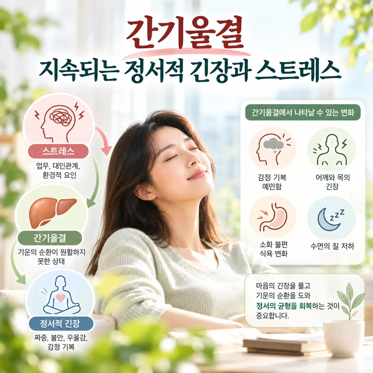 우울증에서 간기울결과 스트레스 및 정서적 긴장의 관계를 표현한 이미지