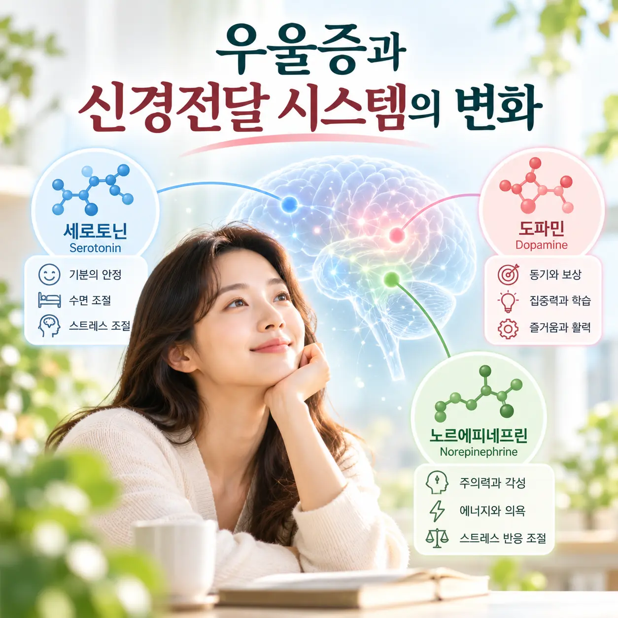 우울증과 세로토닌 도파민 노르에피네프린 신경전달 시스템을 표현한 이미지